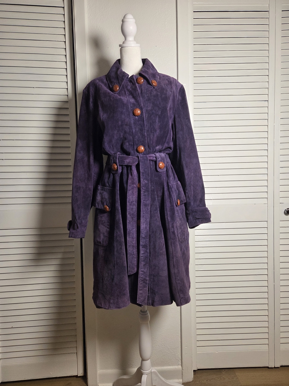 Vintage Purple Leather Trench Coat with Belt Sz LG